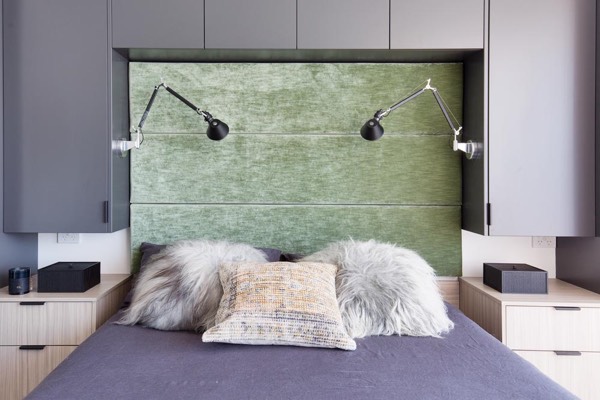 Custom size upholstered headboard in green velvet