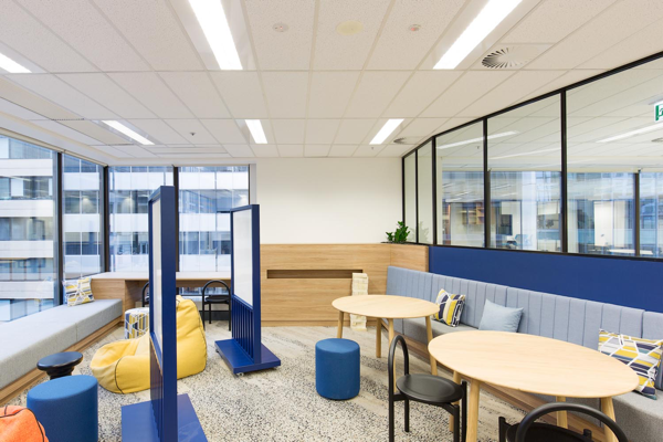 Office breakout area with window seating and banquette seat